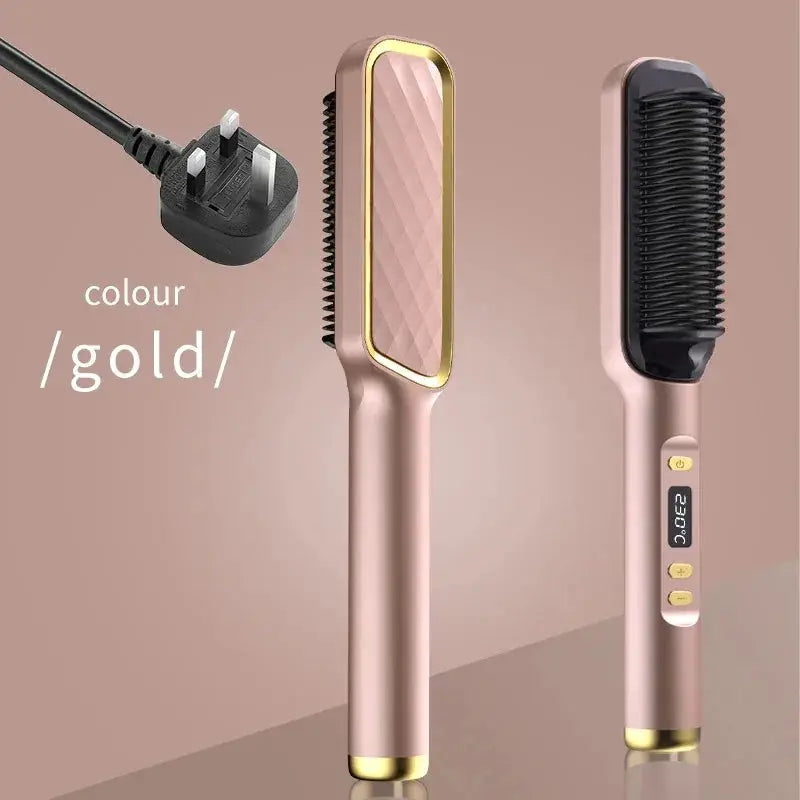 Electric hot comb straightener brush set in pink-gold, 2 pieces