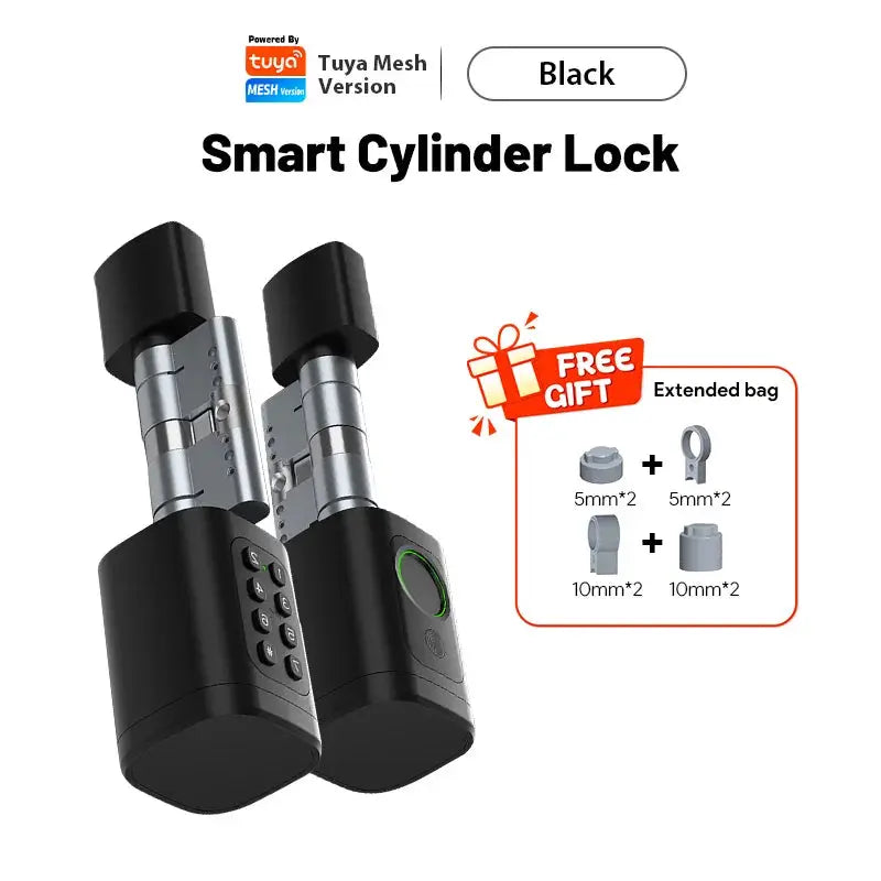V1 Pro+ smart cylinder door lock pair, black finish with keypad, fingerprint, and RFID; Tuya mesh version