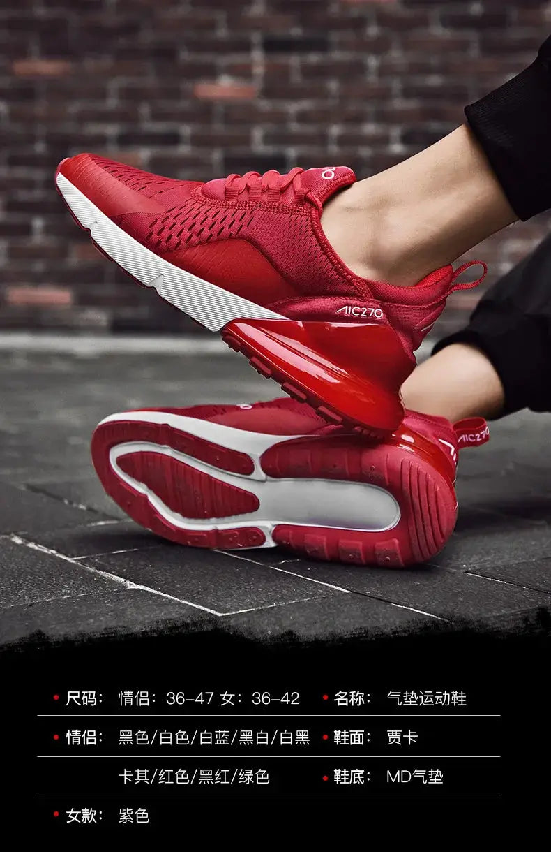 Men's red breathable mesh sneakers with white platform midsole and red outsole for outdoor jogging, everyday wear.