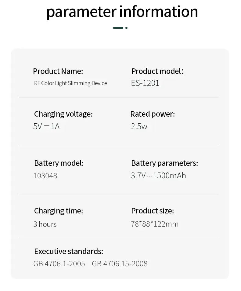 RF Color Light Slimming Device ES-1201 parameter sheet by Simples Market, 5V1A charging, 2.5W, 1500mAh battery.