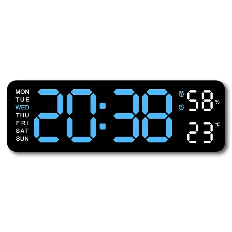 9-inch digital wall clock with blue LED digits; Simples Market displays time, weekday, humidity 58%, temp 23°C.