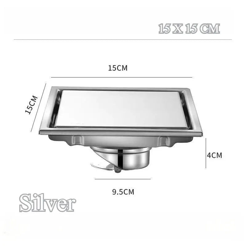 Large flow square floor drain with base, 304 stainless steel, anti-odor, silver finish, 15x15 cm