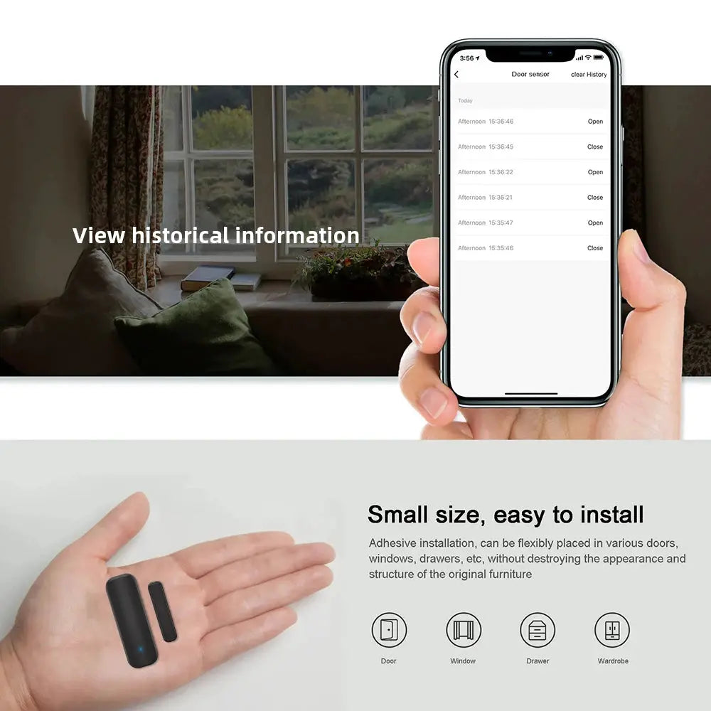 Simples Market two-piece door window sensor, compact black wireless detector compatible with Alexa/Google Home