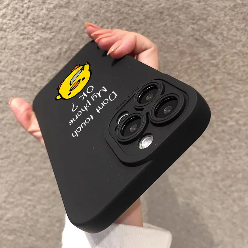 Simples Market silicone iPhone case; black with a cute yellow cartoon duck graphic and Don't touch my phone text.