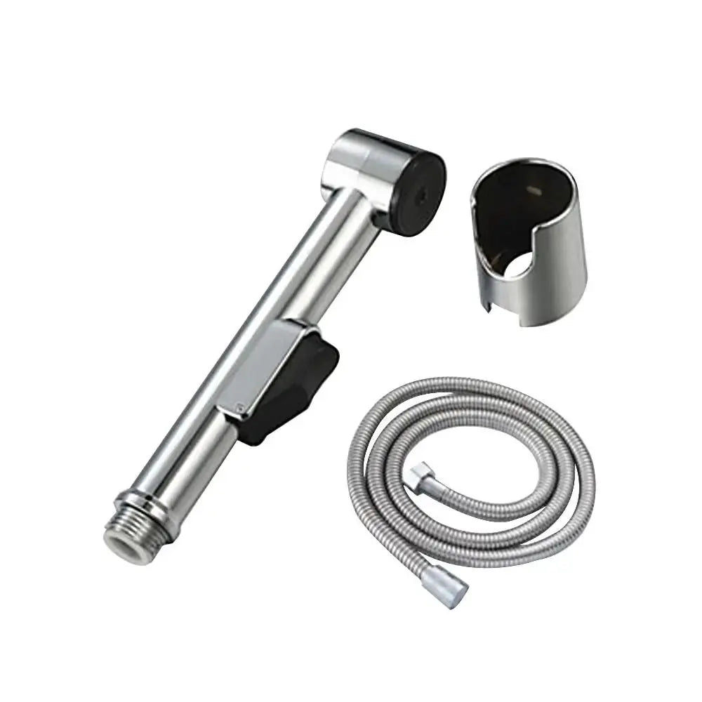 Simples Market handheld stainless steel bidet spray head with adjustable spray, includes flexible metal hose and wall-mount holder.