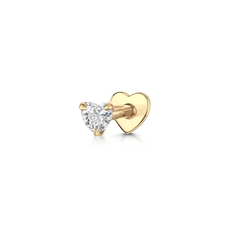 Heart-shaped gold-tone stud earring with a clear round zircon gemstone
