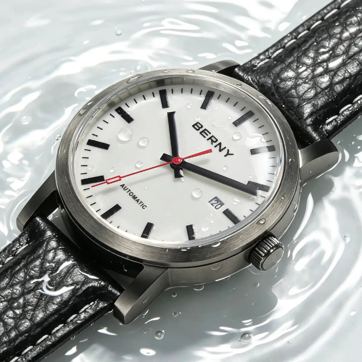BERNY men's automatic wristwatch with white dial, stainless steel case, black indices, red second hand, leather strap.