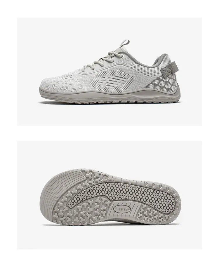 HOBIBEAR knit barefoot shoes, unisex gray zero-drop sneakers with a wide toe for minimalist, breathable walking.