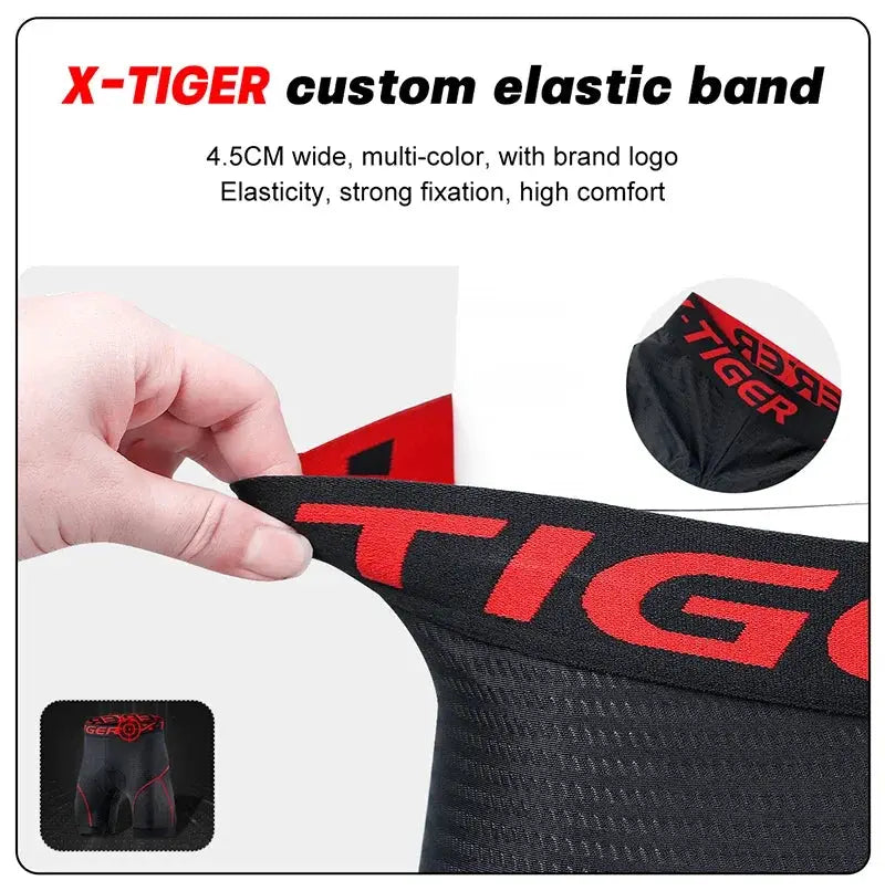 X-TIGER cycling underwear shorts with black waistband, red logo, and anti-slip elastic band