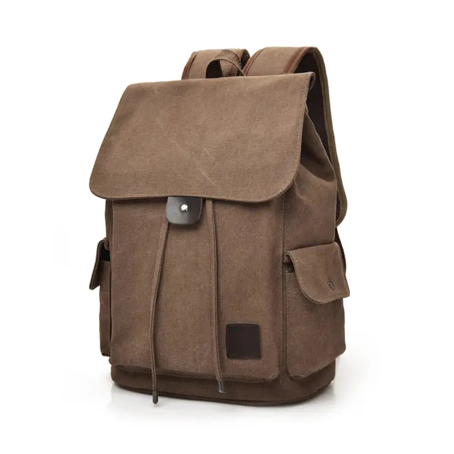 Brown canvas backpack for men, large rucksack with flap closure and front pocket.