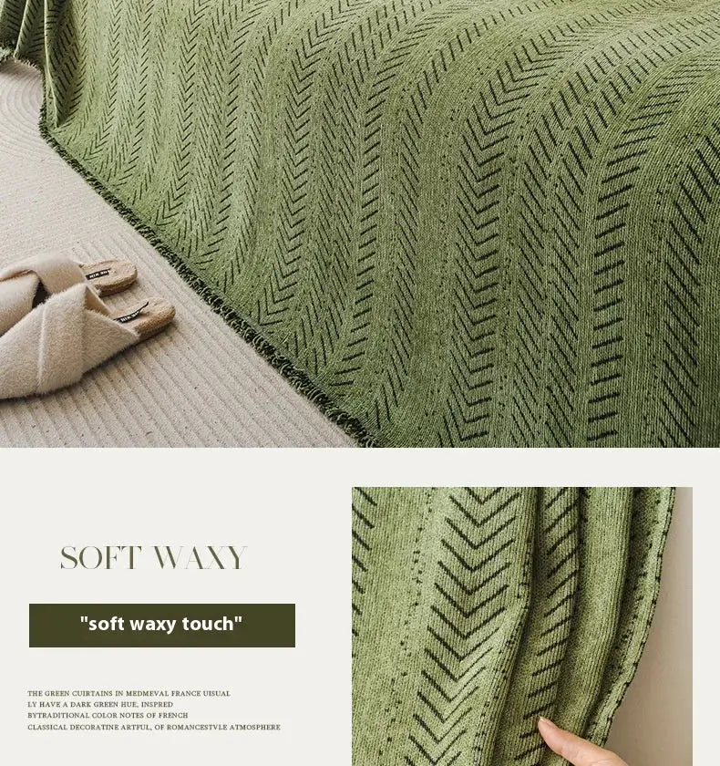 Sofa cover for 3-seater in green fishbone pattern with soft waxy texture, non-slip and stain resistant