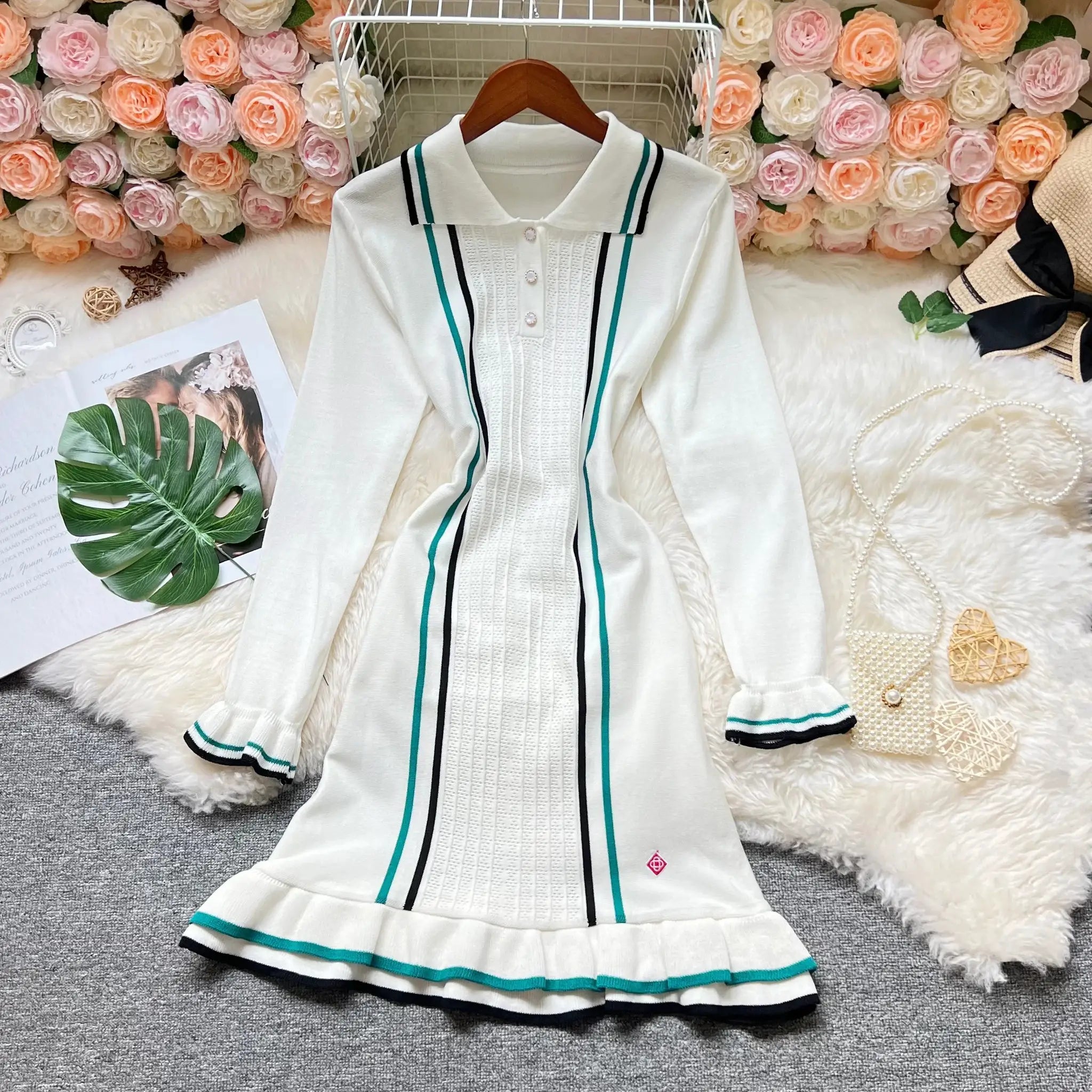 YuooMuoo Knitted Mini Dress Turn Down Collar Ruffled Party Wear