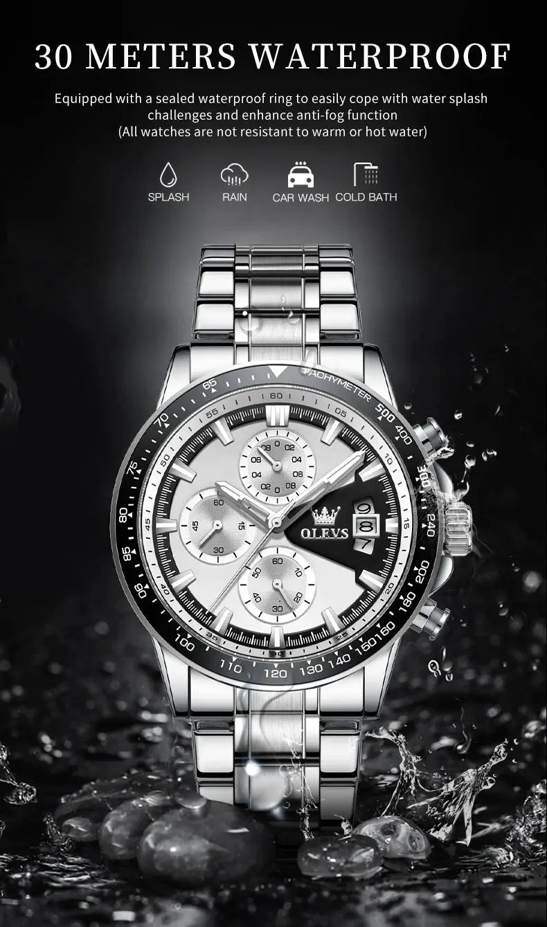OLEVS TY705 men's stainless steel chronograph watch with tachymeter bezel, waterproof