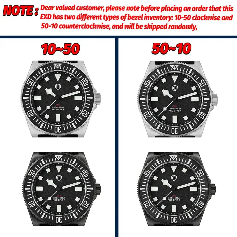 Simples Market Watchdives EXD 40mm titanium dive watches, four pieces shown with 10–50 and 50–10 bezels