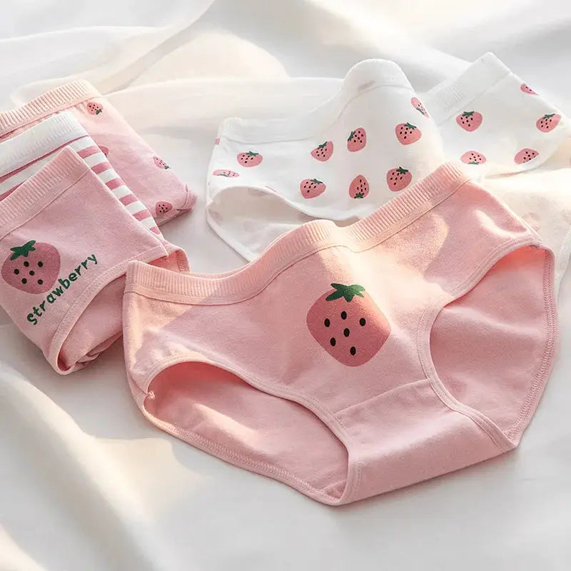 Cotton panties 5-piece set with strawberry cartoon prints; mid-waist pink and white briefs by Simples Market