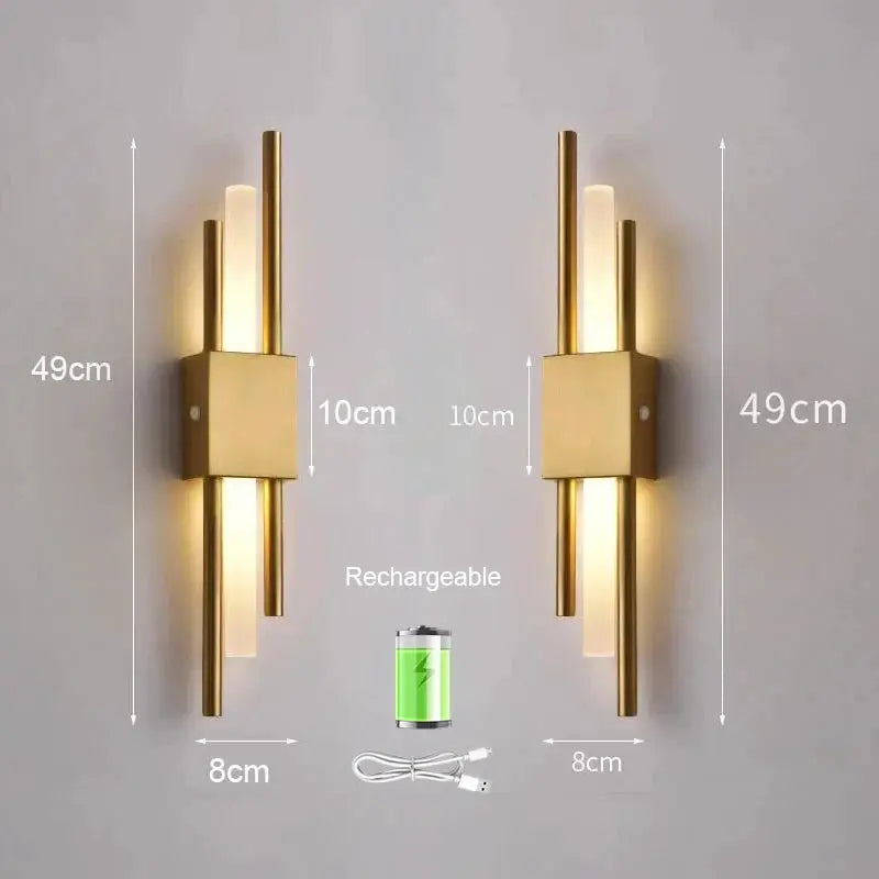 Nordic LED wall lamp pair in gold finish, rechargeable bedside living room lamps by Simples Market