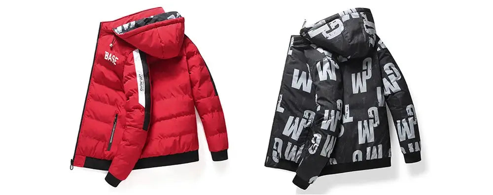 DIMUSI men's padded jackets, red and black/gray hooded down coats, 2 jackets, Simples Market.