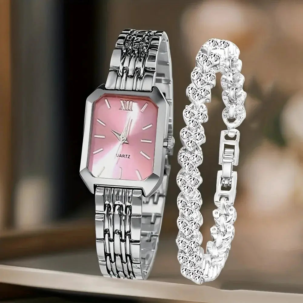 2-piece Simples Market set: women's quartz watch with pink Roma dial and matching crystal bracelet