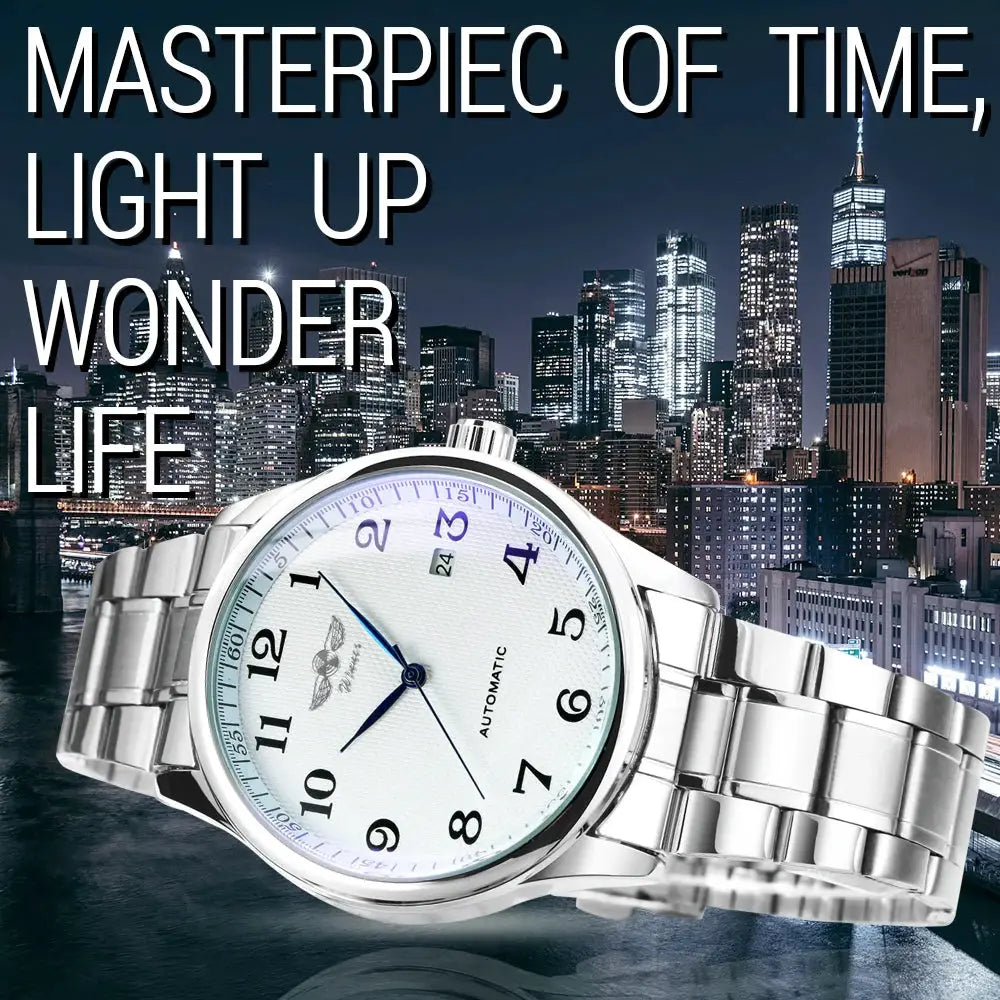 WINNER men's stainless steel automatic watch with white dial, blue hands, date window, metal bracelet