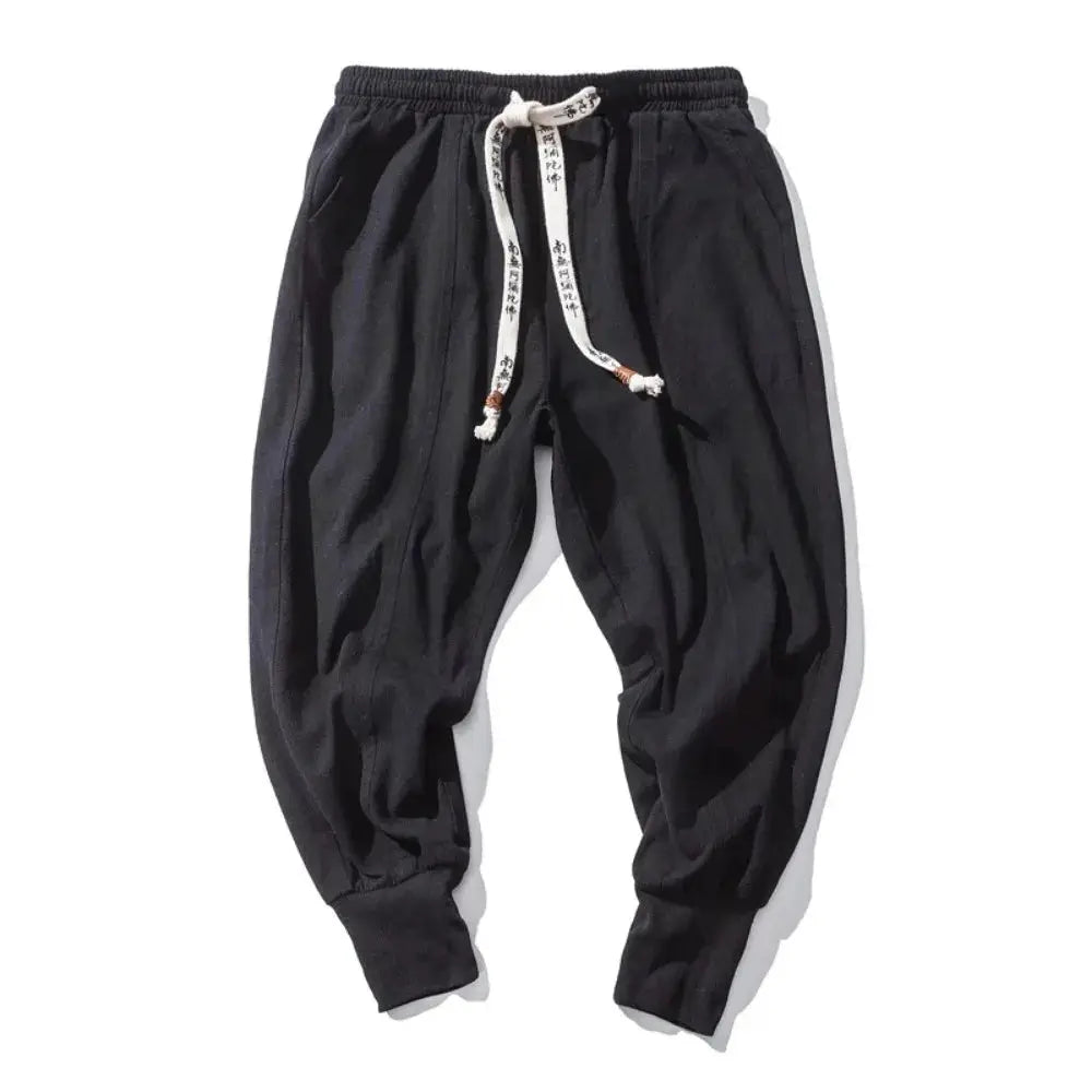 Men's black cotton-linen harem pants with white drawstring, baggy drop-crotch streetwear joggers