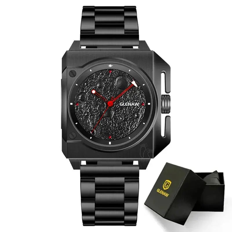 Glenaw men's mechanical watch with moon dial, red hands, black stainless steel band and presentation box