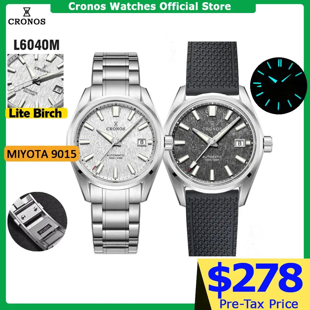 Cronos L6040M pair of watches: white birch dial with stainless steel bracelet and black strap, Miyota 9015 automatic