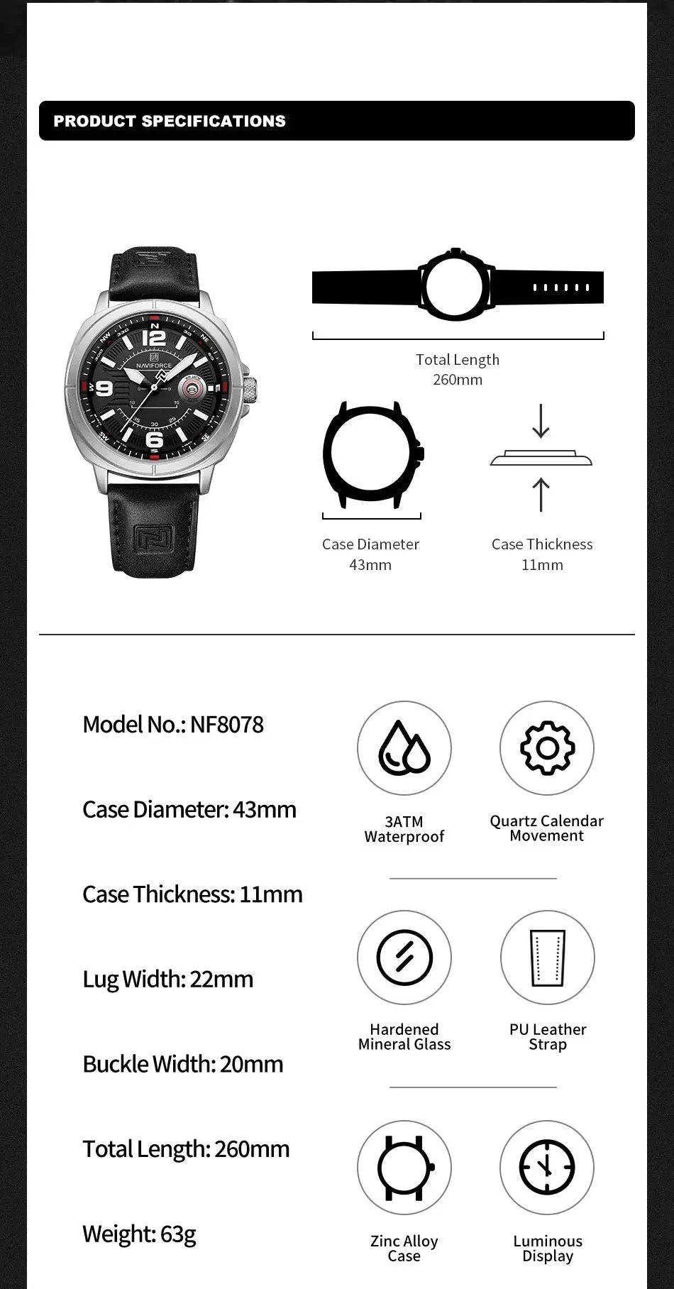 NAVIFORCE men's quartz watch with black dial, silver case, black PU strap, calendar date display, waterproof 3ATM.