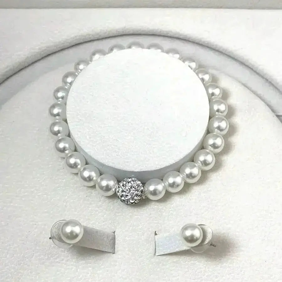 3 Piece Imitation Pearl Fireball Necklace Bracelet Earring Stud Jewelry Set For Women Silver Crystal Bridal Gift