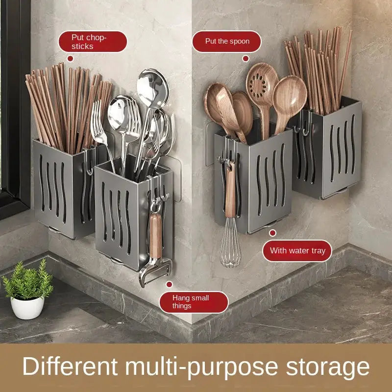 Chopsticks and utensil wall-mounted storage boxes in gray metal by Simples Market set of 2 with drainage trays