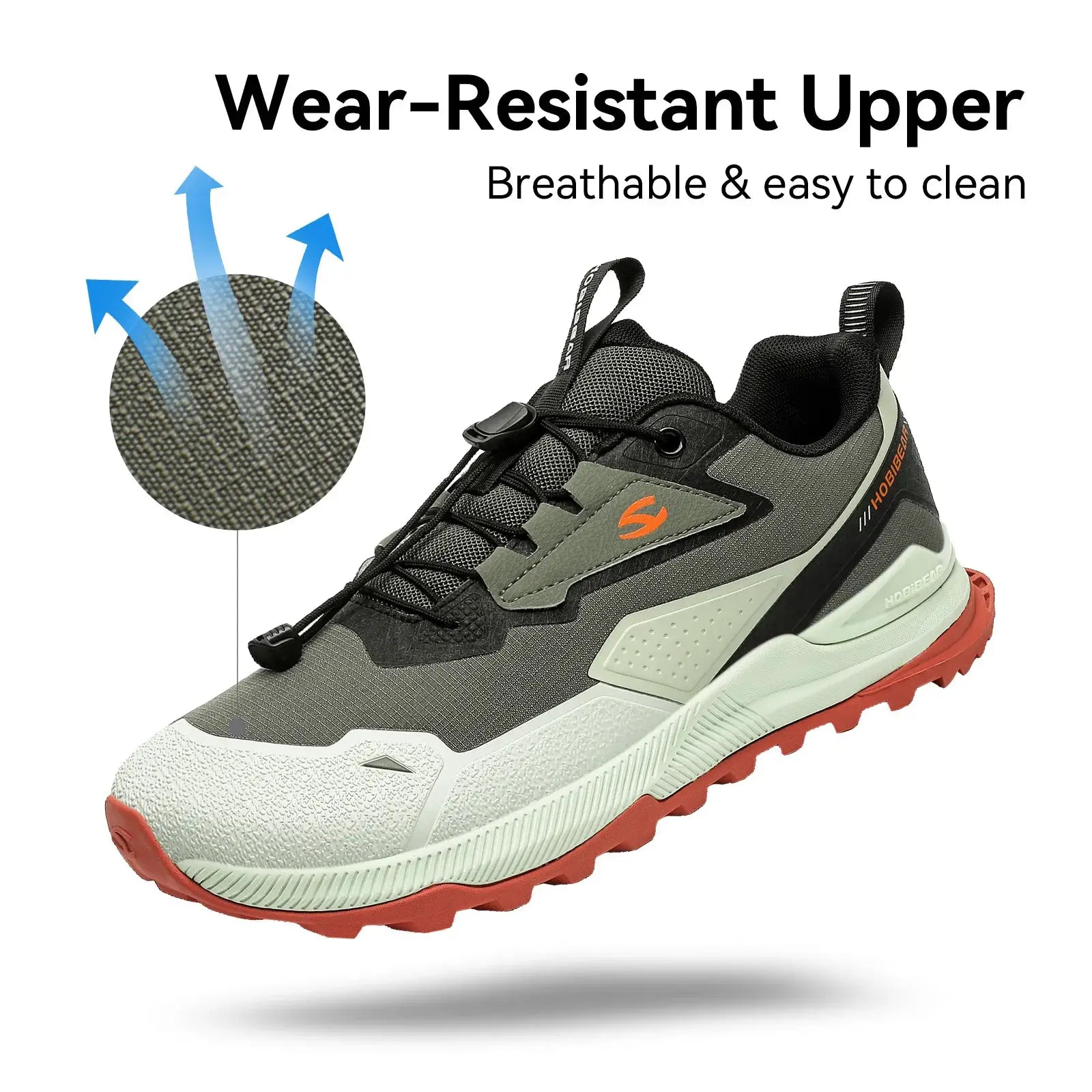 HOBIBEAR unisex running shoes with elastic band; breathable gray/black upper, orange logo, red outsole.