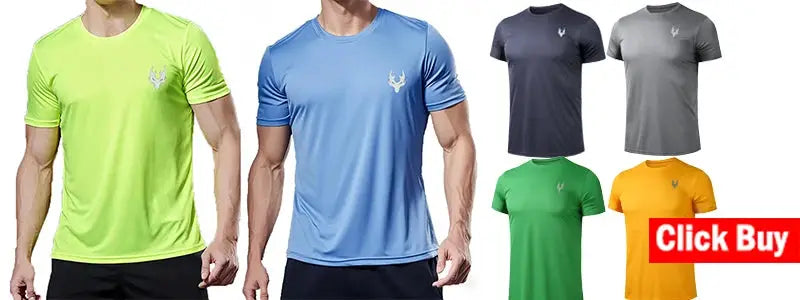 Men's athletic short-sleeve T-shirts in lime, blue, navy, gray, green, and orange with small chest logo; six-color set.