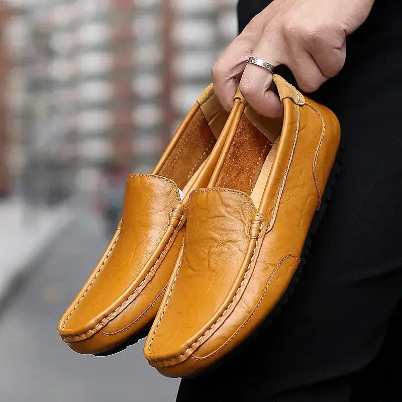 Men's tan leather casual loafers, slip-on driving moccasins, breathable pair