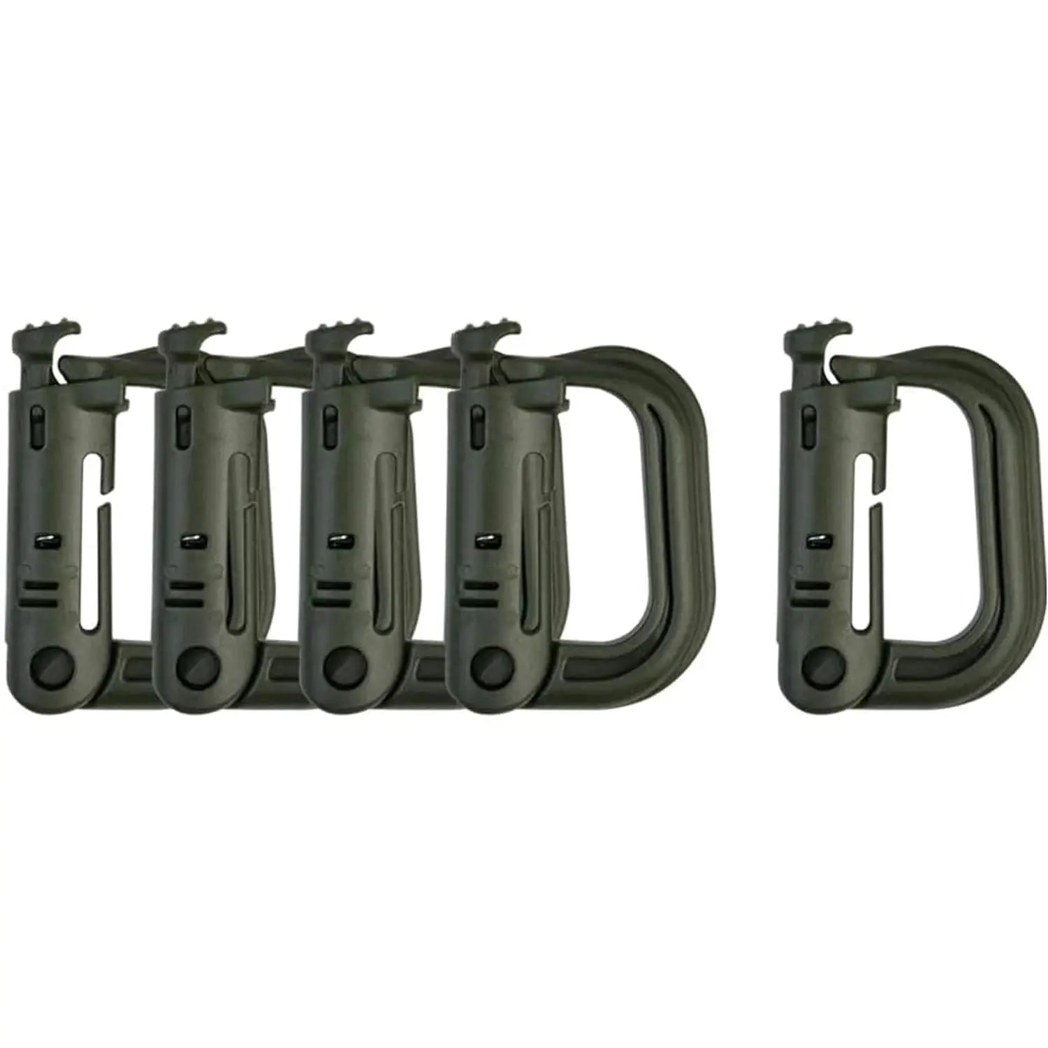 Simples Market tactical D-ring carabiner set, six olive-green locking plastic clips for MOLLE webbing