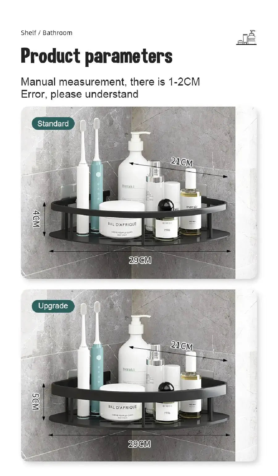 Bathroom wall-mounted corner shelf caddy in space aluminum, black finish; no-drill installation, two configurations.