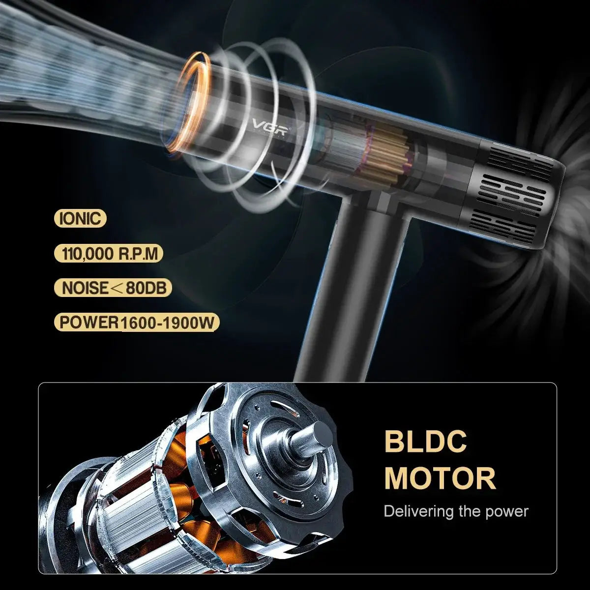 VGR hair dryer with brushless motor, black body; cutaway view of internals and BLDC motor graphic.