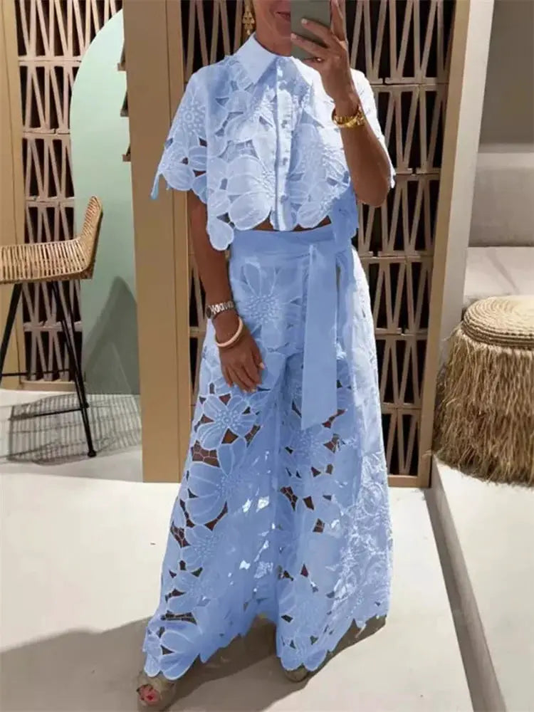 Women Hollow Out Two Piece Wide Leg Pants Set Lace Casual Style
