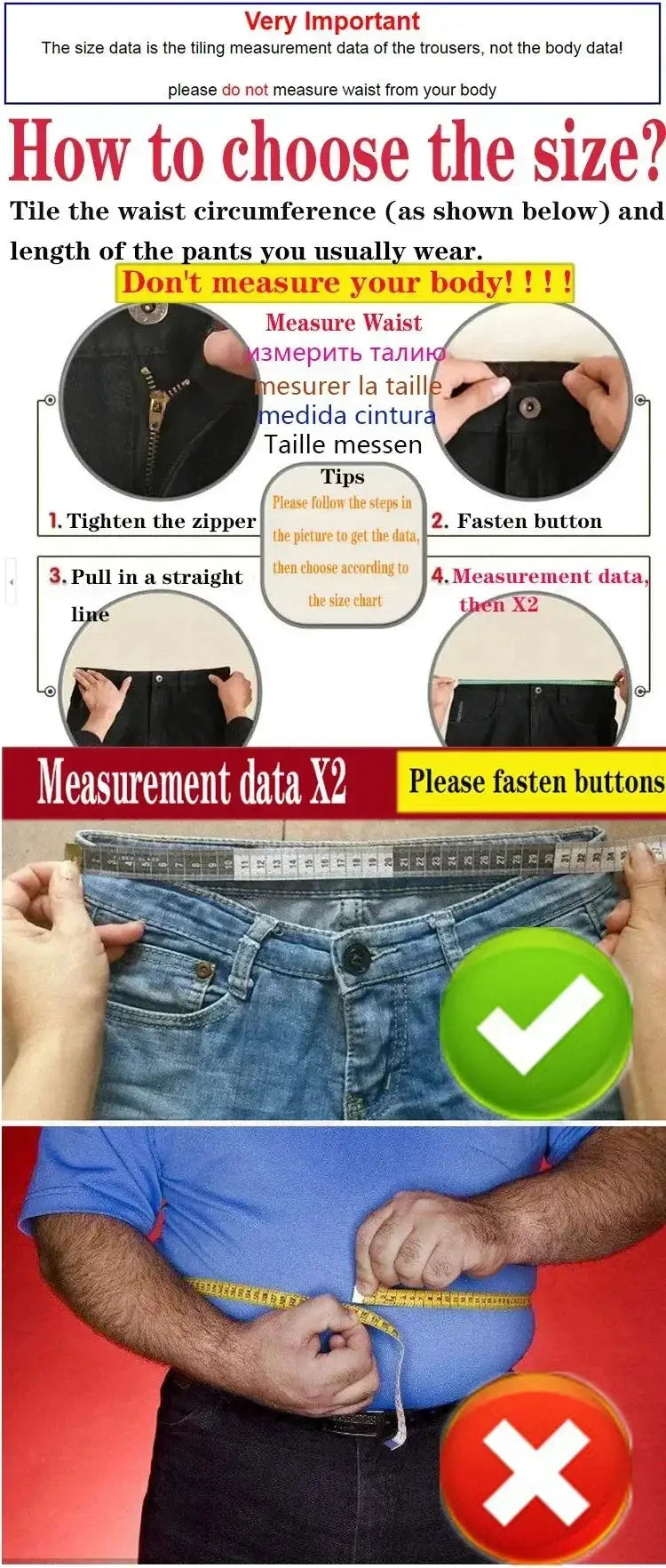 Men's blue denim jeans with waist measurement guide and measuring tape graphic
