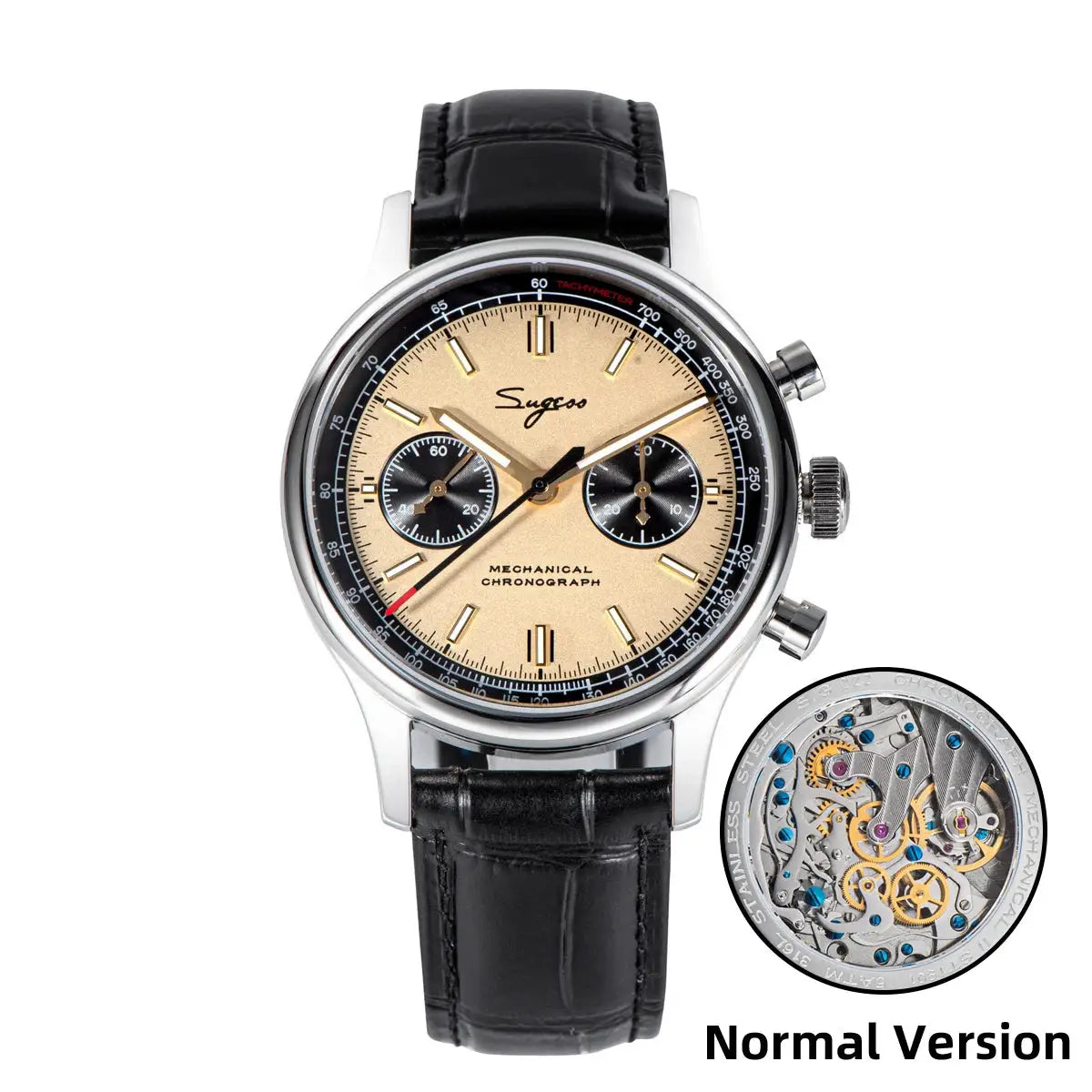 Sugess 1963 Pilot Watch, men's mechanical chronograph with panda dial and black leather strap
