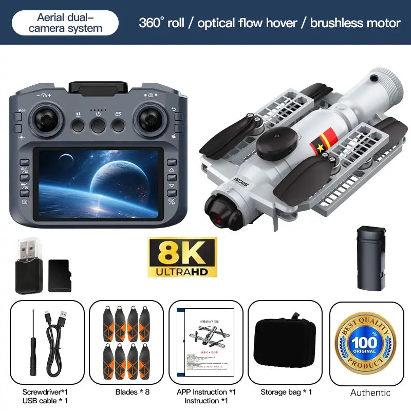 Drone kit with grey remote controller, quadcopter, 8K Ultra HD badge, 8 propeller blades, USB cable, storage bag