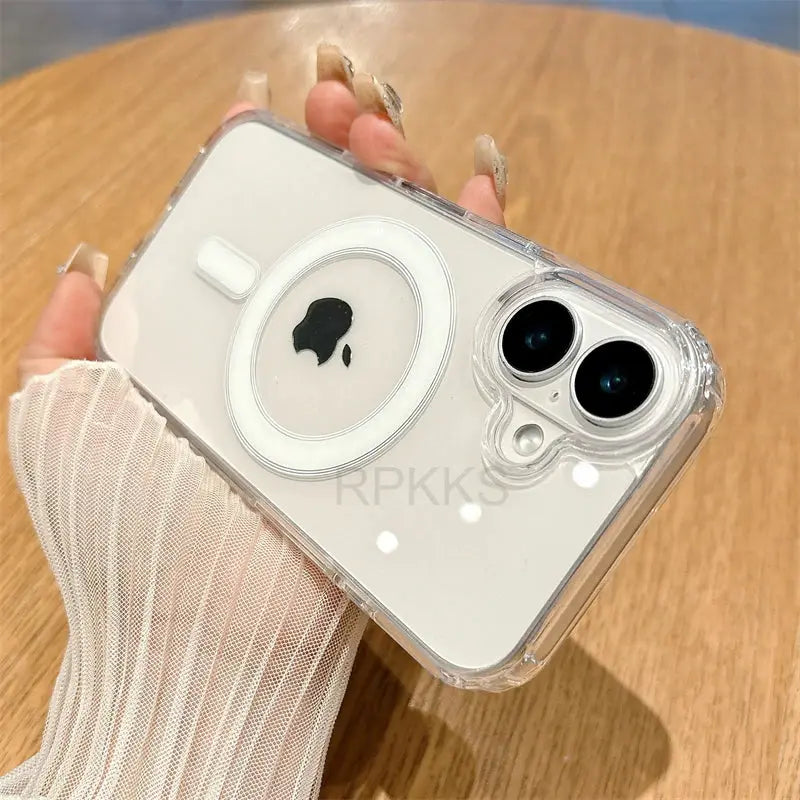 Simples Market clear MagSafe iPhone case with transparent back and dual-camera cutout, packaging included