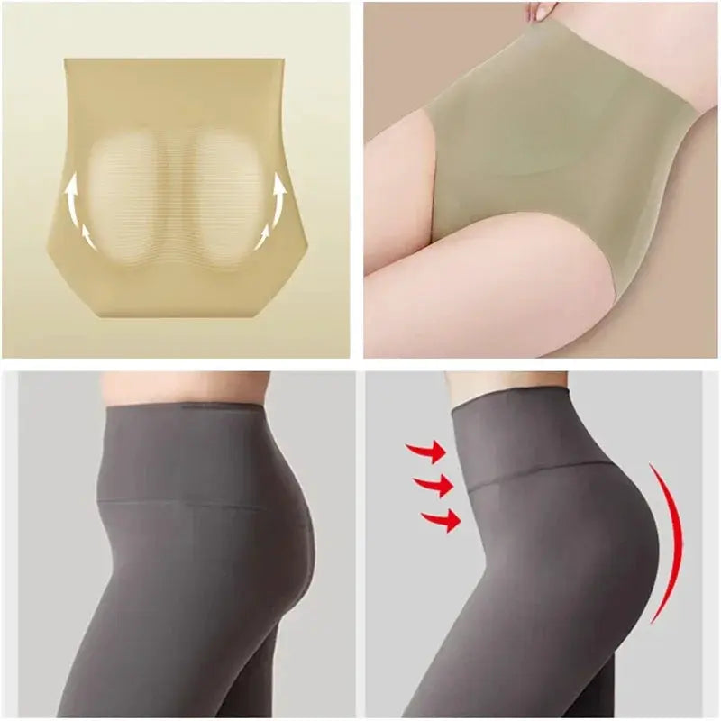 Simples Market high-rise body shaper underwear; beige/gray, elastic waist lifting buttocks (4-panel collage)