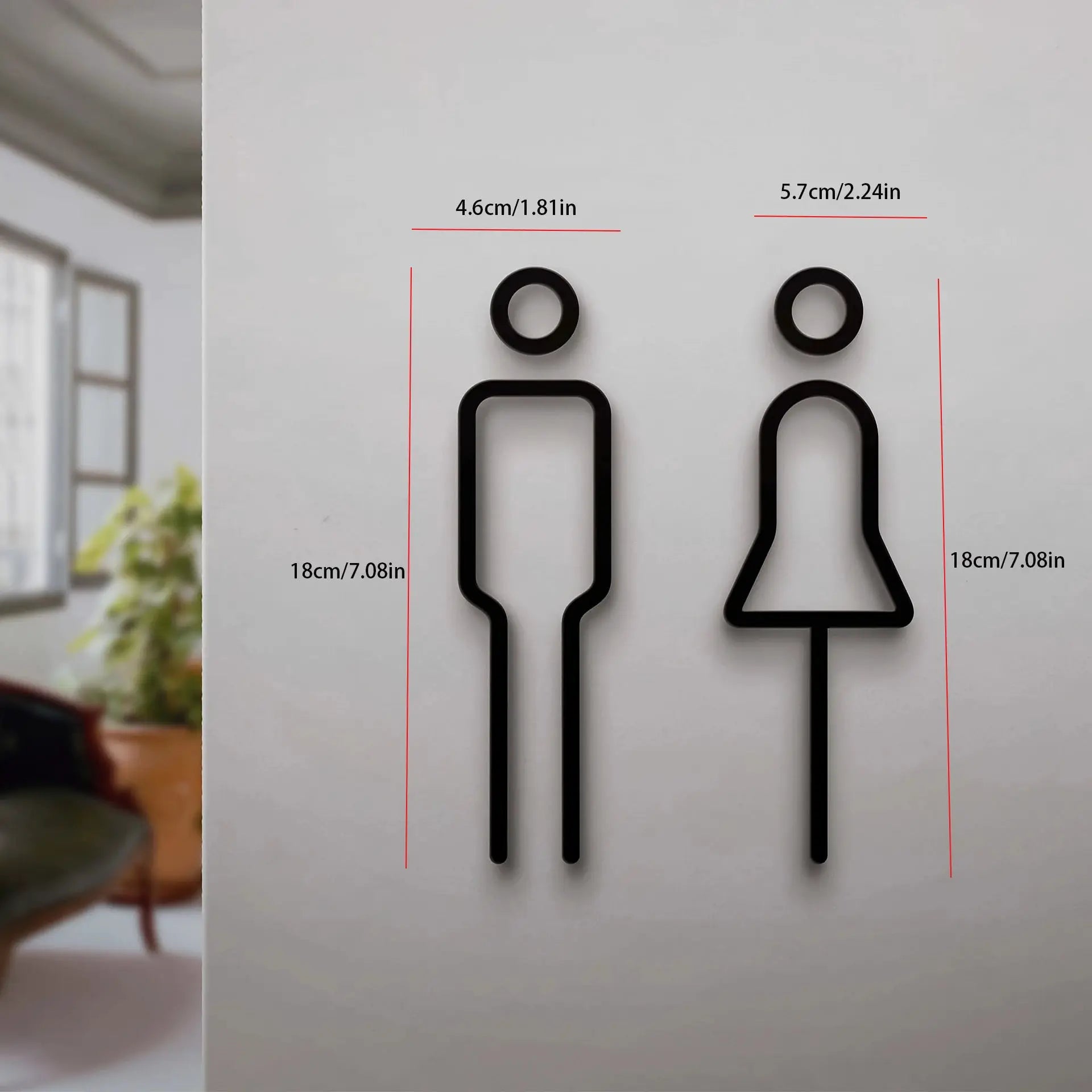 Funny 2D bathroom sign wall decor with black male and female restroom icons for doors in restaurants and hotels