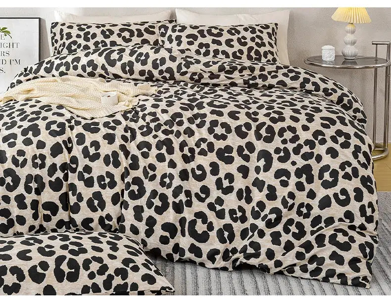 Simples Market 3pc Leopard Print Duvet Cover Set with beige background, includes 1 duvet cover and 2 pillowcases