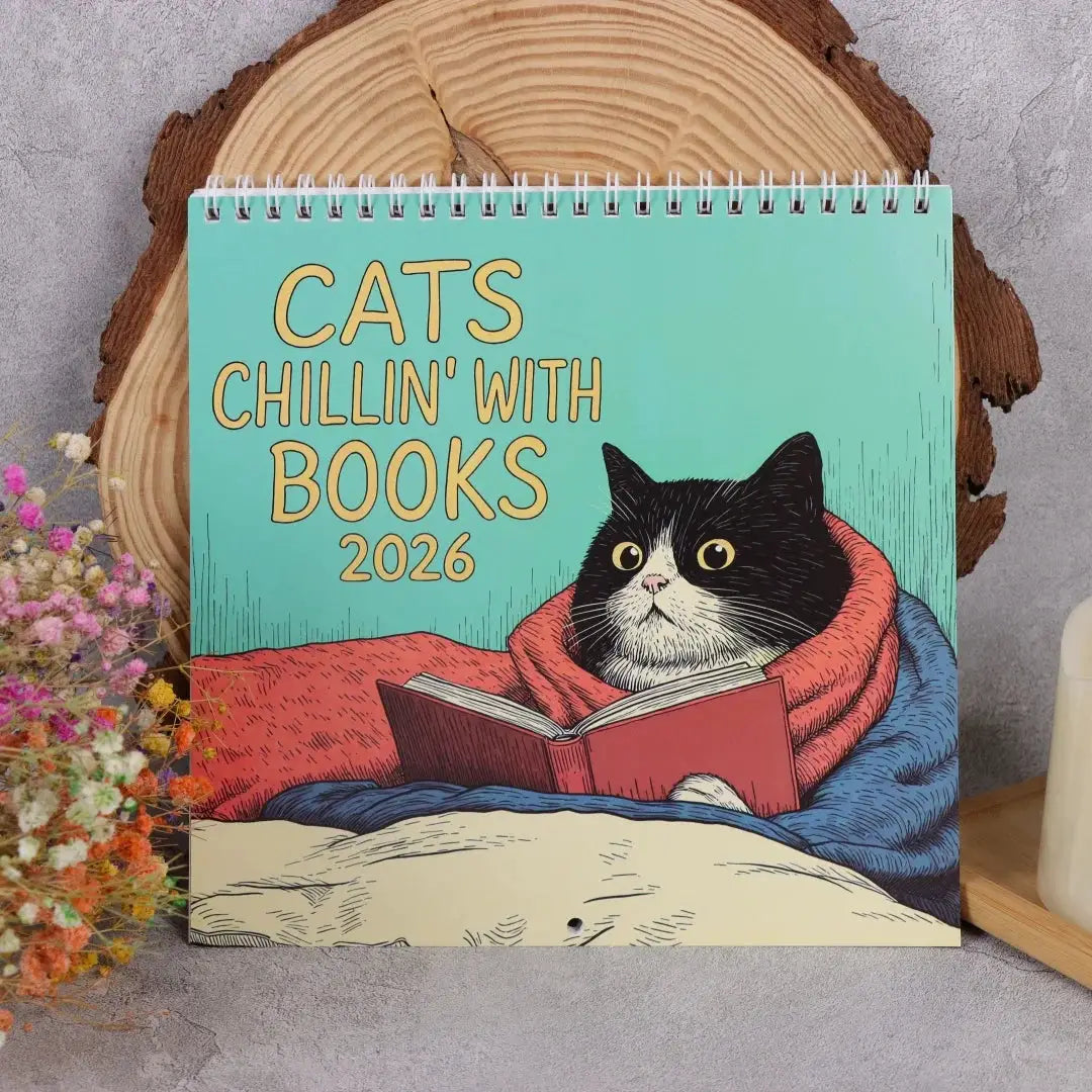 Cat-themed spiral-bound wall calendar by Simples Market, teal cover with a black-and-white cat reading a red book (2026).