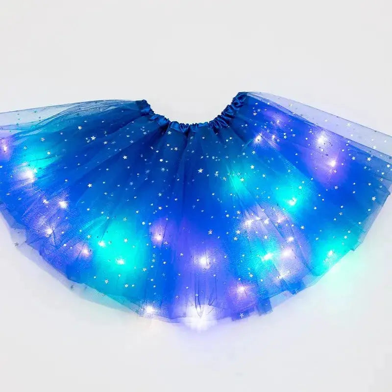 LED light-up blue gradient tulle star skirt for women; short tutu with twinkling lights.