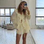 Tornova Womens Ruffled Shorts Sets V Neck Lace Up Shirt Spring Casual