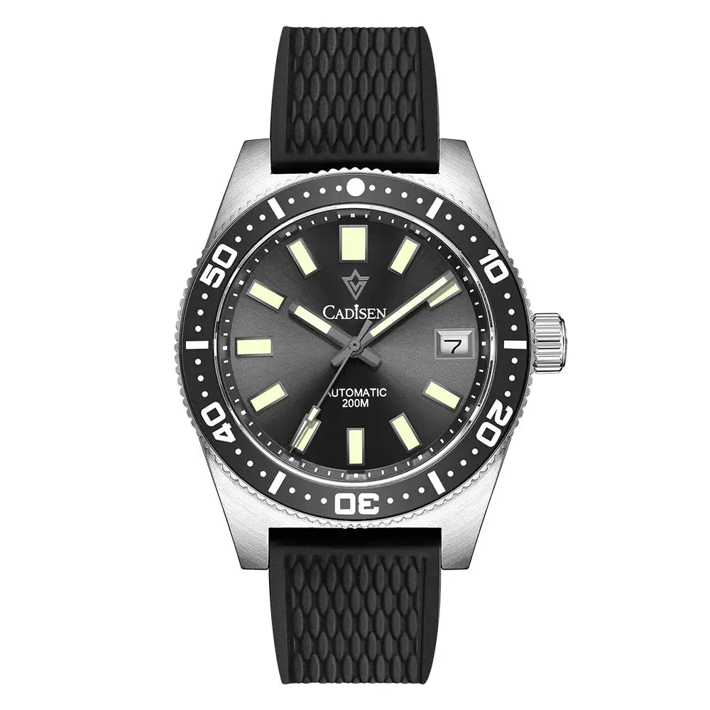 CADISEN diver watch, black dial with luminous markers, 38mm stainless steel case, black rubber strap, automatic, 200m