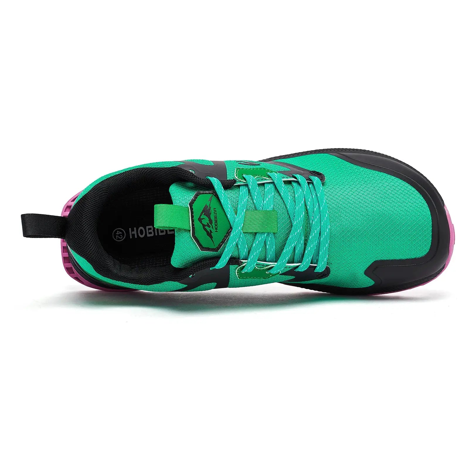 HOBIBEAR unisex hiking shoe, teal-green mesh upper with teal laces, black sole and pink heel accent