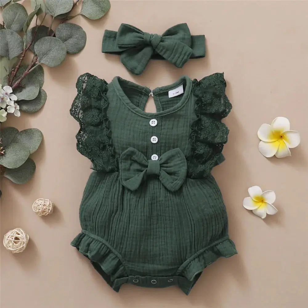 Baby Girl Sleeveless Lace Edge Romper And Headband Set For Newborn To 18 Months Summer Casual Jumpsuit