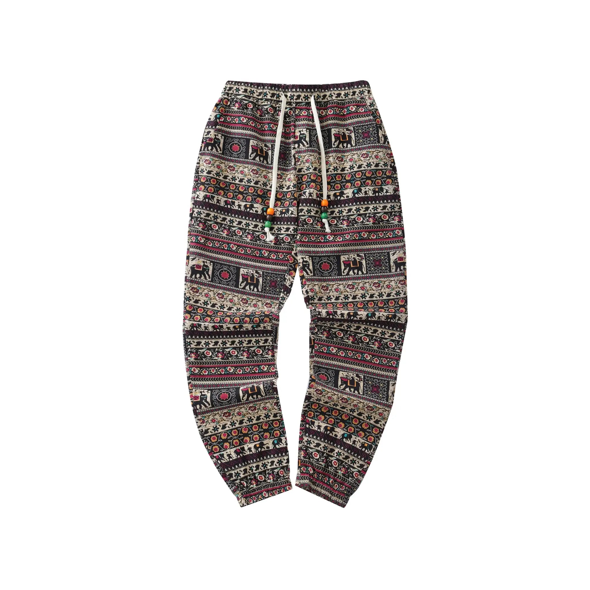 Men's boho tribal print jogger pants, lightweight linen-cotton blend with beaded drawstrings — Simples Market